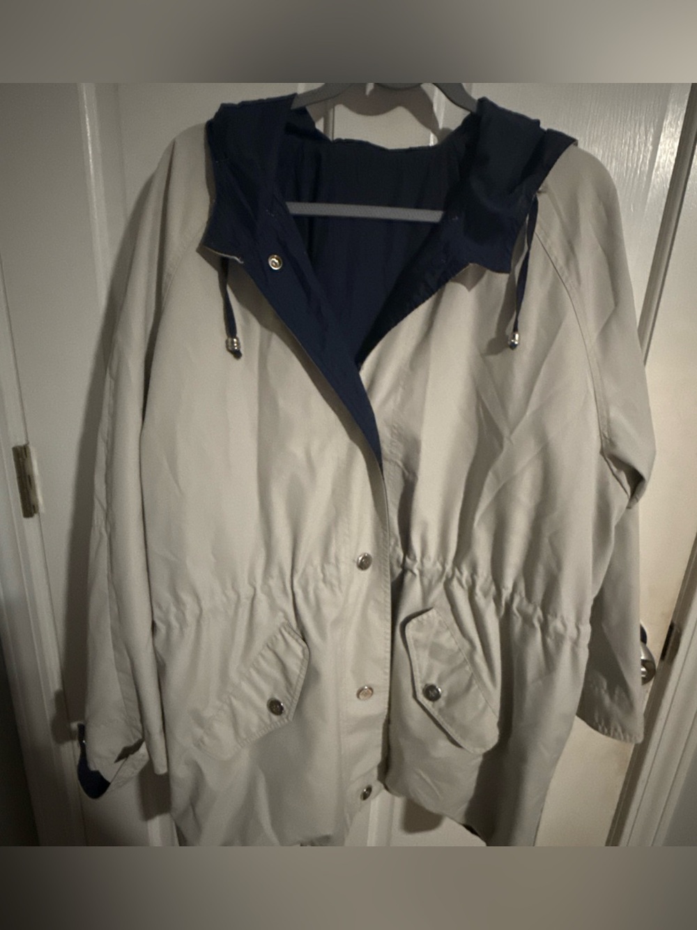 Light Gray Trench Coat with Navy Hood - Casual Drawstring Waist